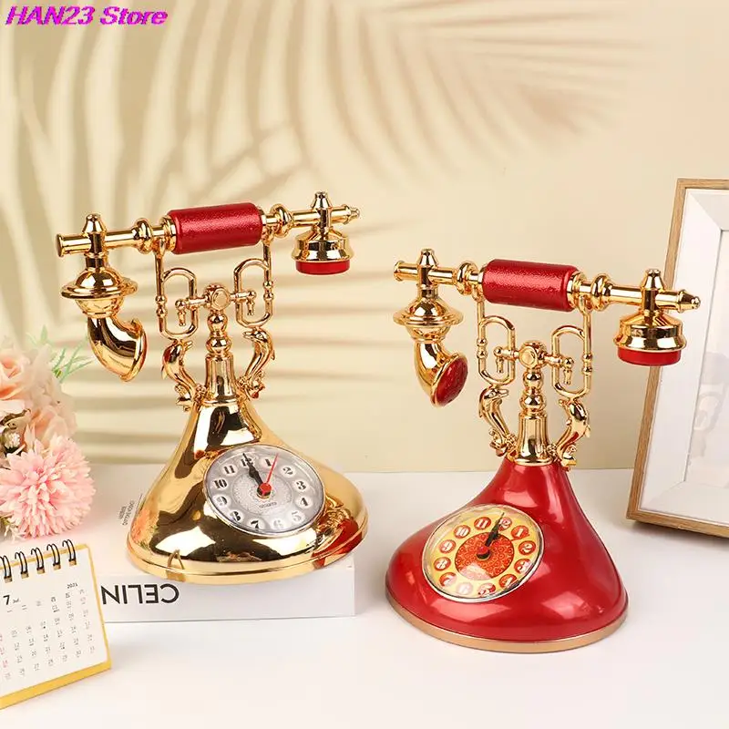 New 1PC Retro Telephone Model Alarm Clock Creative Timekeeper Desktop Ornament For Home Room Bedside Table Decoration