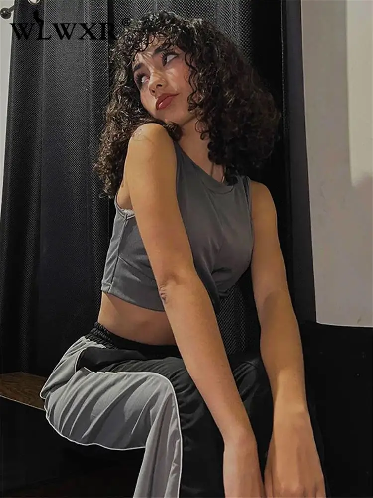 

WLWXR Sleeveless Shrring Crop Tops Summer Outfits For Women 2023 Streetwear Grey O Neck Tees Solid Casual T Shirts Female