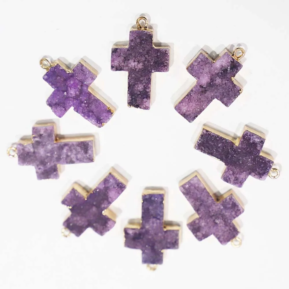 Natural Stone Single Hole Purple Agate Cross Edge Necklace Pendant Unisex DIY Jewelry Making Gift Accessories Wholesale 5Pcs/Lot