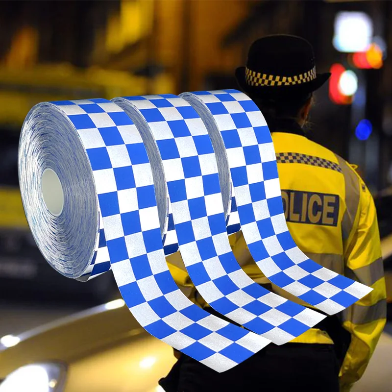 VOOFENG Blue Check Printed High Intensity Polyester Reflective Fabric Sewing on Policeman Workwear Clothes Warning Tape