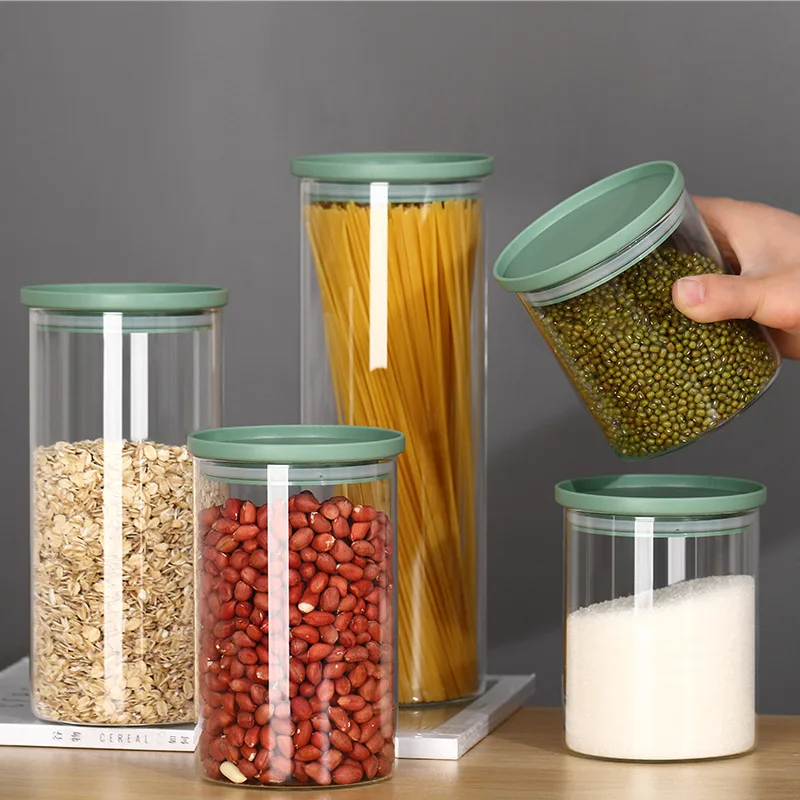 

5 Units Set Glass Storage Jars Silicone Sealed Cover Coarse Cereals Storage Tank Glass Bottle Kitchen Storage Tank
