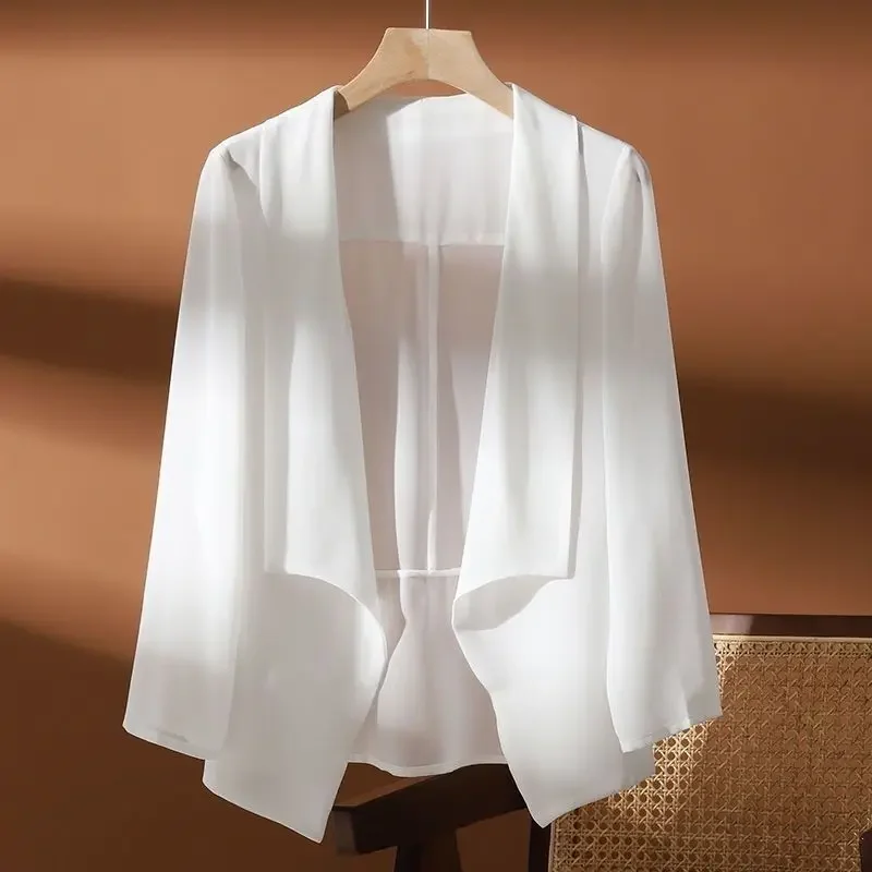 Sexy Sheer Elegant Irregular Thin Cardigan Shirt Women Slim Chiffon Sunscreen Outwear Casual Long Sleeve Simple Solid Color Coat