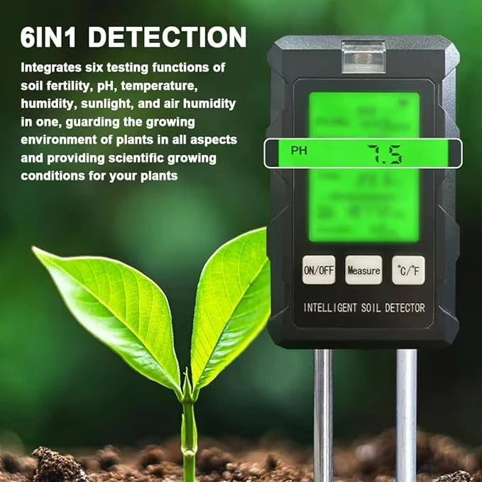 Digital 6 in 1 Soil Moisture Tester PH Meter Fertility Temperature Humidity Detector Sunlight Ambient Monitor for Plant Analyzer