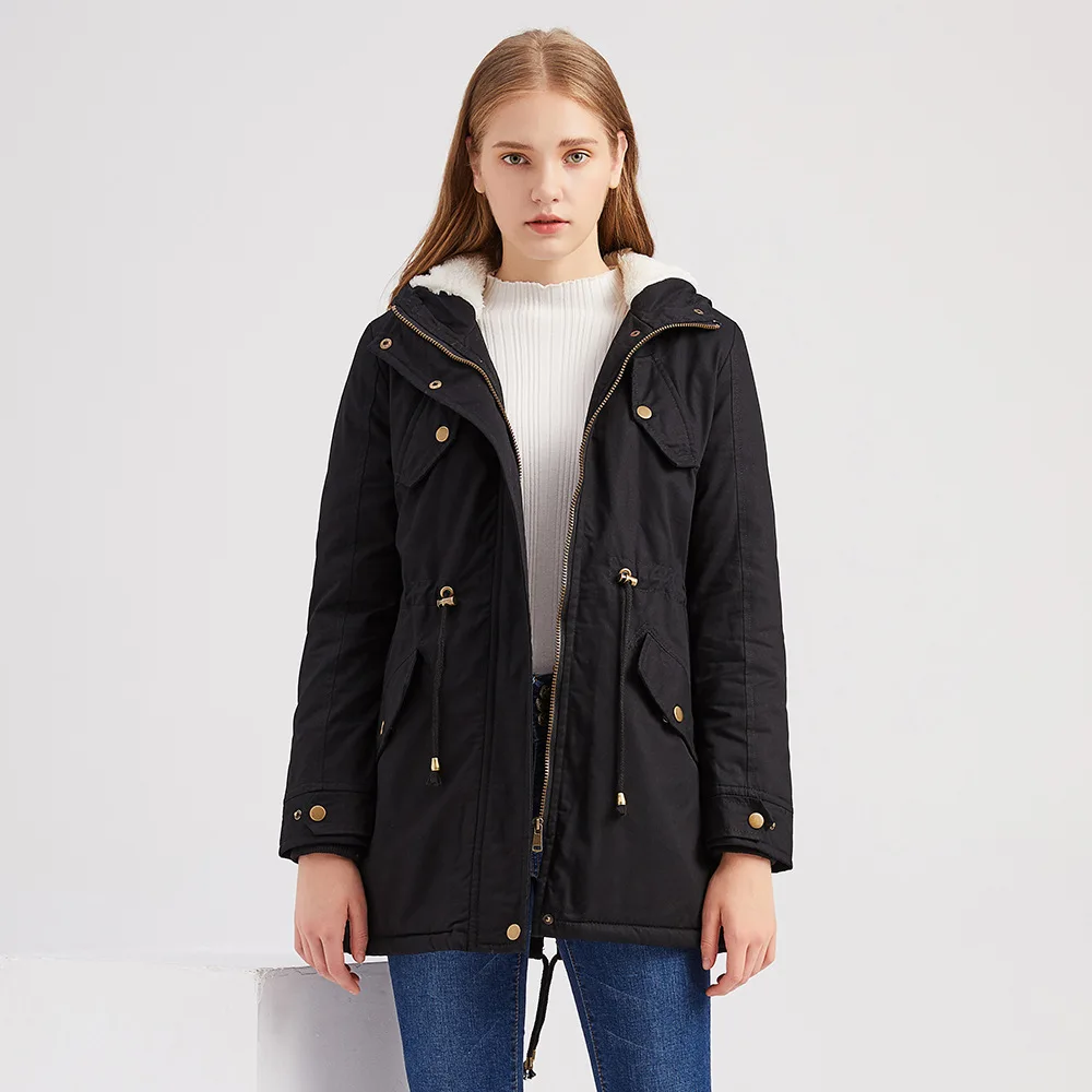 

Ladies Autumn and Winter Women's Plush Fleece Warm Coat Plush Cotton Thick Coat Solid Color Hooded Commuter Basic Coat Fashion