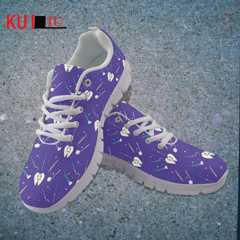 

KUILIU Dentist Designr Shoes Casual Lightweight Women Flat Sneakers Cute Cartoon Tooth Pattern Breathable Lace Up Walk Footwear