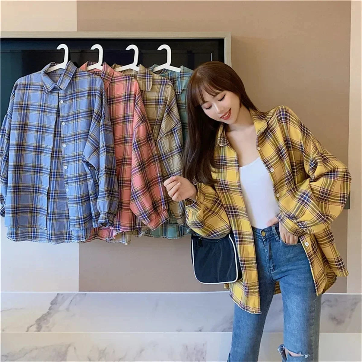 Korean Plaid Blouse Image 4