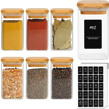 Glass Spice Jars with Bamboo Lid, 8oz Airtight Square Containers with black labels, Empty Seasoning Jars for Spice Salt Sugar 1