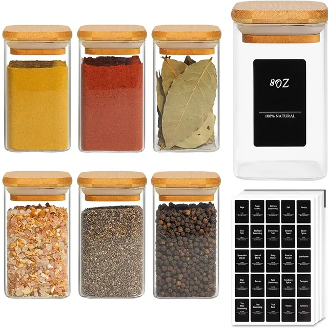 Glass Spice Jars with Bamboo Lid, 8oz Airtight Square Containers with black labels, Empty Seasoning Jars for Spice Salt Sugar 1