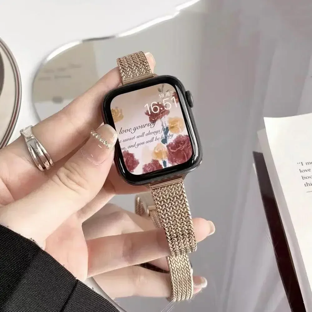 Slim Metal Watchband for Apple Watch 11 8 7 6 SE 5 4 3 38 40 41 45 49 Ultra Stainless Steel Milanese Strap for iwatch 42 44