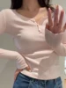 Hollow Out Pink Long Sleeve T-Shirt Summer Round Neck Buttons Cotton Slim Sexy Top for Woman Vintage Sweet Cute y2k Tops Chic 1