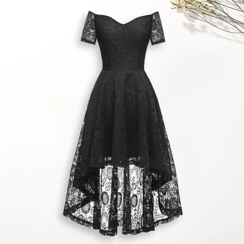 

Women Evening Dress Off Shoulder Flower Lace Irregular High Low Hem V Neck Short Sleeve Solid Color Wedding Cocktail Formal Dres