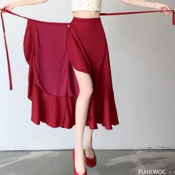 Wrap Up Chic Korea Clothes Women Cute Girls Floral Robe Holiday Beach Date High Waist Retro Vintage One-Piece Lace-Up Skirts 1