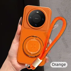 Premium 360° Magnetic Rotating Phone Case with Lanyard - PU Leather Soft Cover for Huawei Mate 70 (Orange)