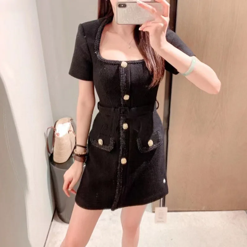 

Women's vintage black dress woolen short-sleeved one-word collar slim-fit fashion elegant mini dress