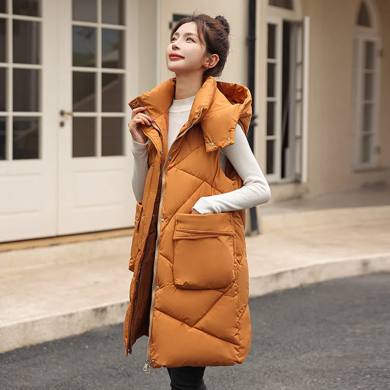 Autumn Winter Mid-length Sleeveless Puffer Jacket Women Down Cotton Vest Hooded Slim Thick Warm Korean Waistcoat Pockets Zipper 100% cotton jeans women full length pockets straight casual winter high waisted jeans zipper fly