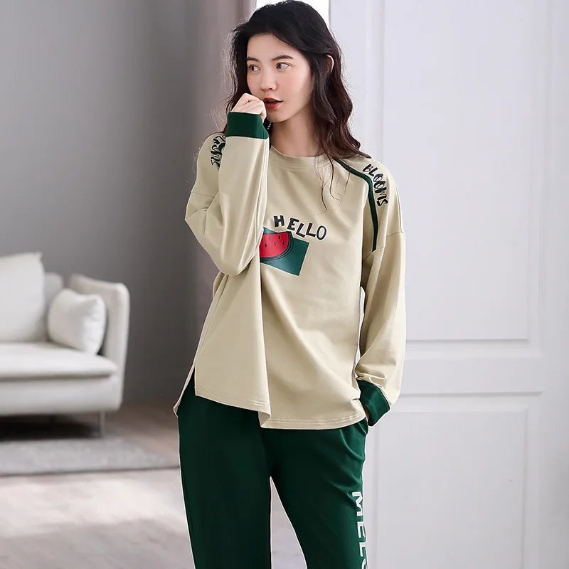 

Autumn Avocado Green Pajamas Set for Women Winter Warm Silk Kawaii Sleepwear 100% Cotton Atoff Home Satin Soft Nightwear