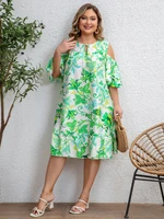 Plus Size Women's Green Floral Cold Shoulder Ruffled Sleeve Tie Dress Casual Slimming Vacation Style - Image 3
