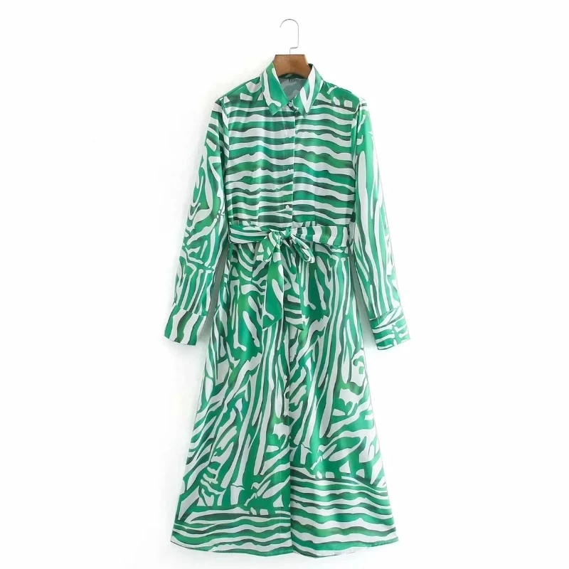 

Elegant Women Sashes Printed Shirt Dress Femme Long Sleeve Loose Clothes Casual Lady Vestido D6559