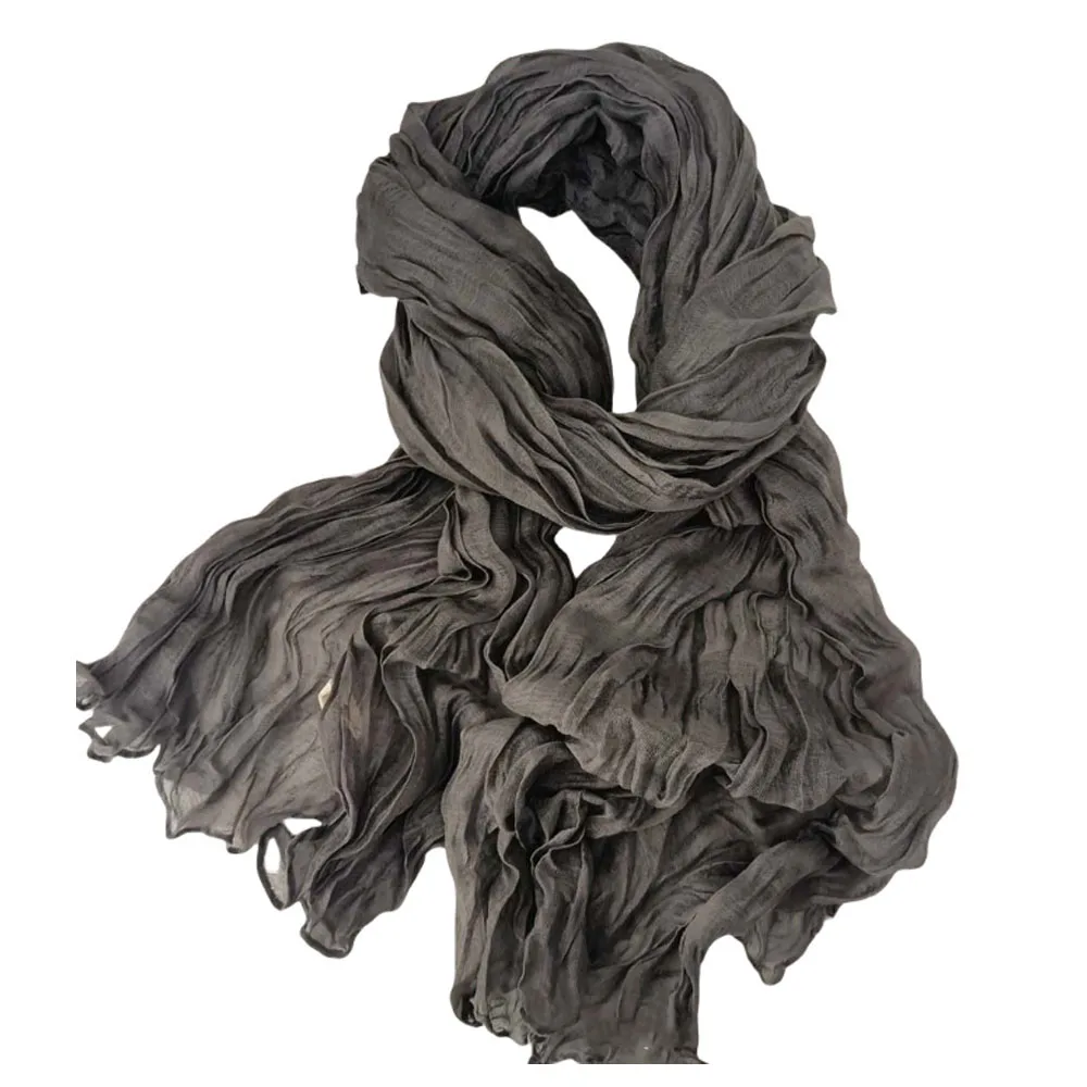 Solid Color Pleated Long Scarves Retro Autumn Winter Cotton Hemp Scarf Warm Neck Wrinkled Twisted Vintage Soft Wrap Shawl
