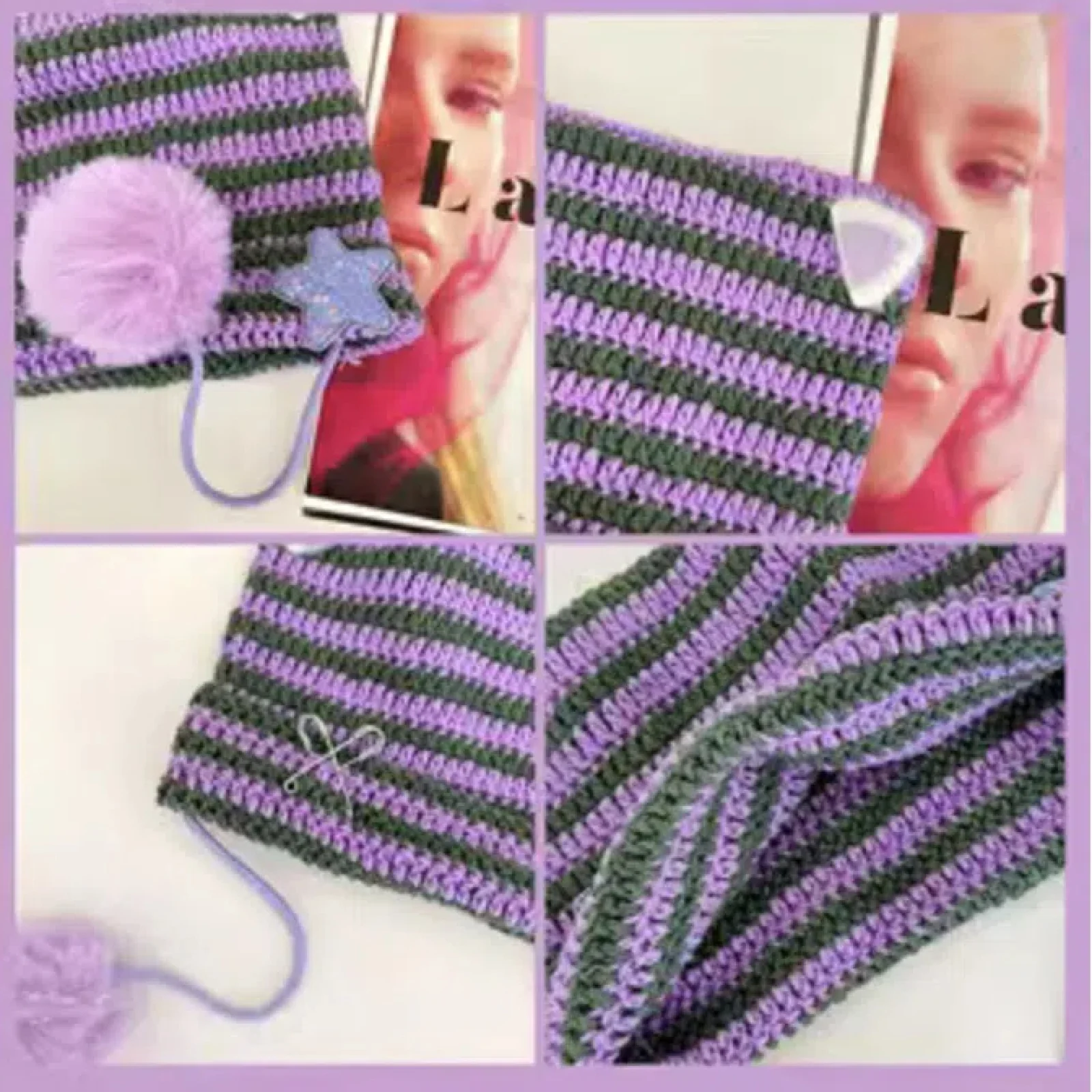 Devil striped knit hat with cute cat's ears and star decoration for women girls