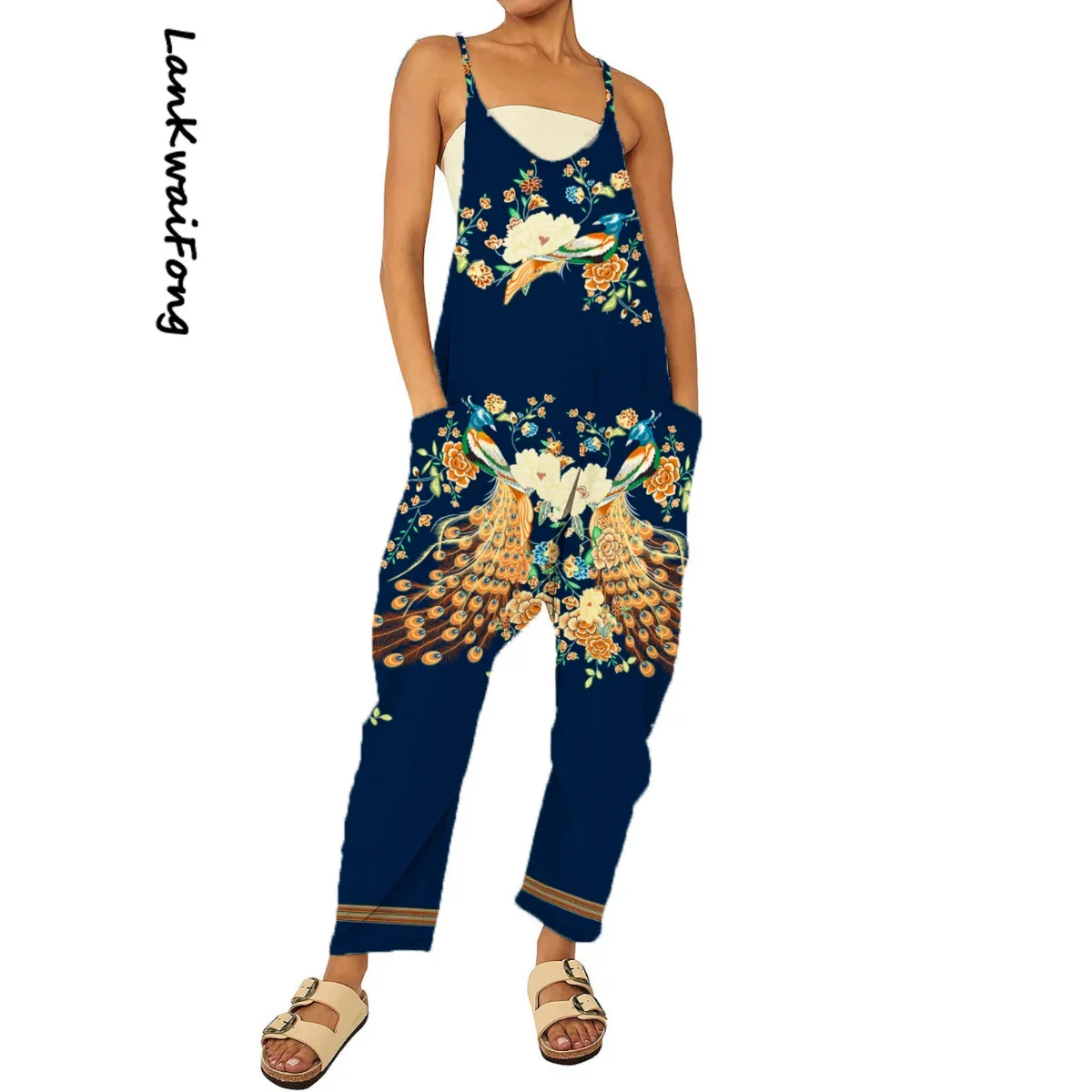 

2024 Summer Sling Loose Printed Pocket Jumpsuit Holiday Casual Street Trend Commuter Straight Jumpsuit