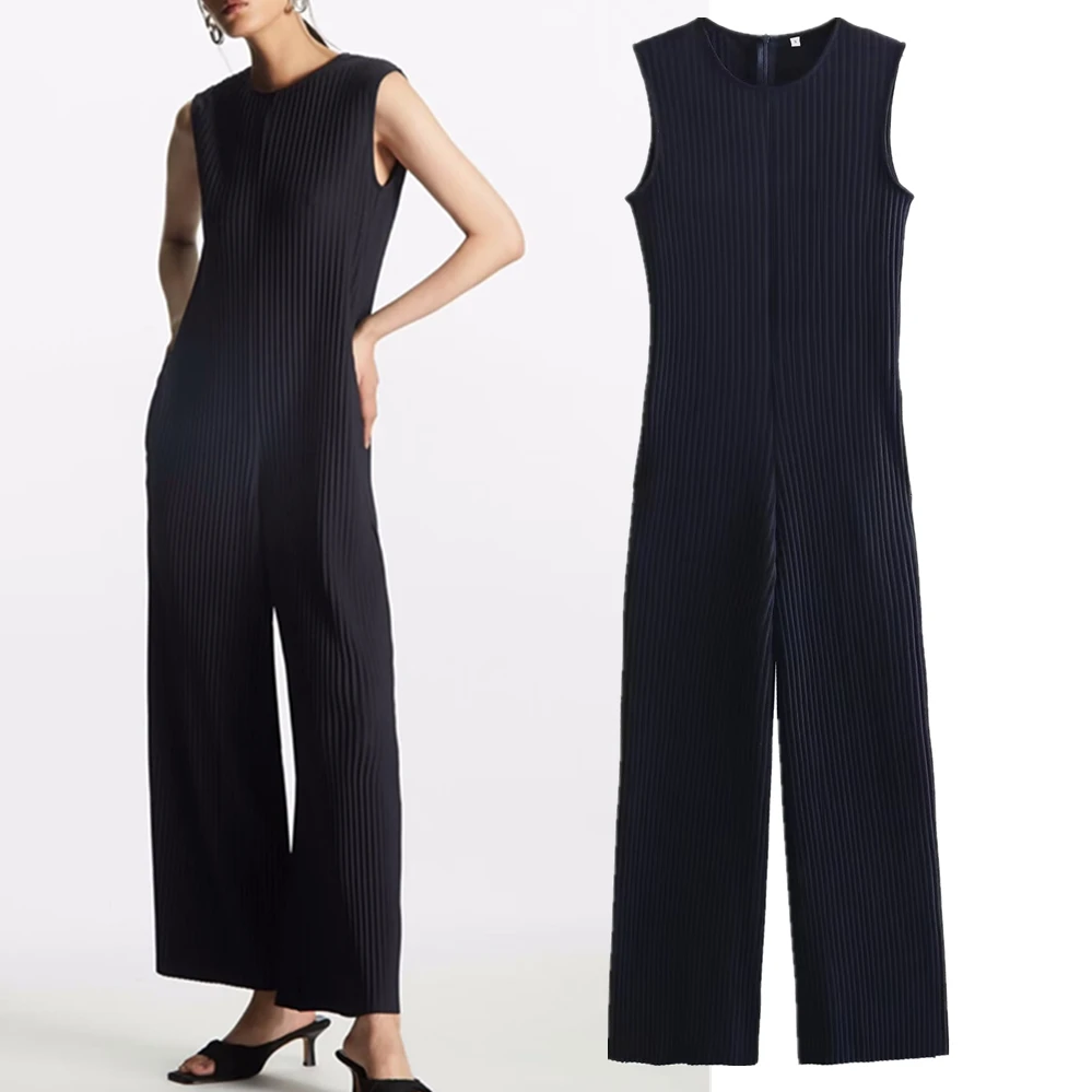 Maxdutti French Elegant Navy Blue Knit Overalls Women Pleated Jumpsuit Fashion Ladies Casual Commuter Sleeveless Jumpsuit summer women pleated one line collar long sleeved casual ruffled jumpsuit ladies high waist french shorts one piece suit rompers