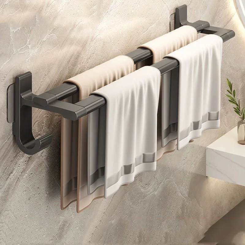 Self Adhesive Towel Rack Home Patch Double Bars Black Space Aluminum Wall Clothes Holder Bathroom Hanger Accessories Punch-free