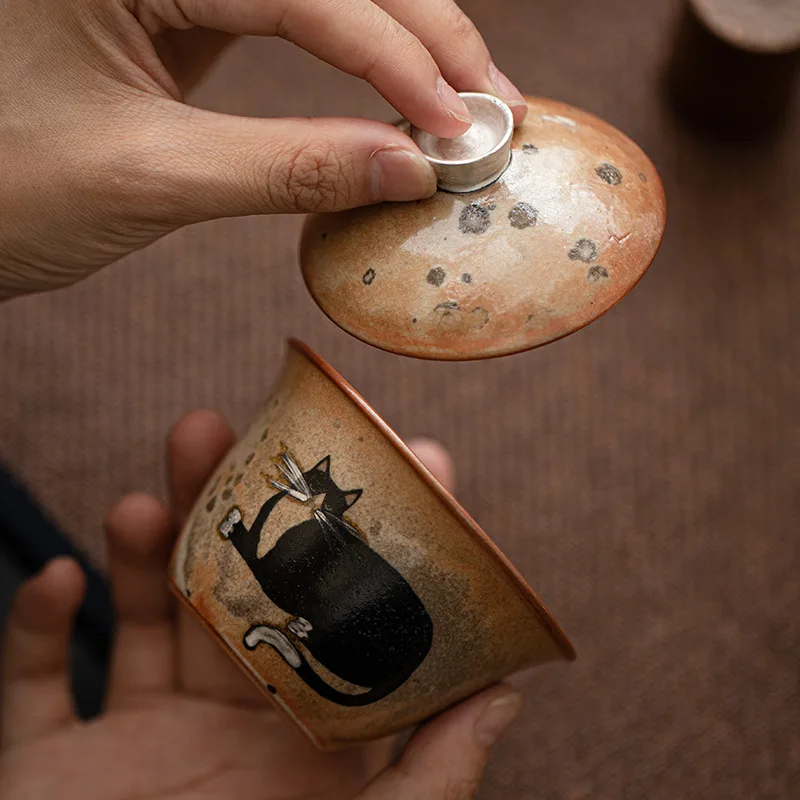 Japanese Style Kiln-changed Retro Hand-painted Silver Ceramic Covered Bowl Small Tea Bowl Tea cup gaiwan