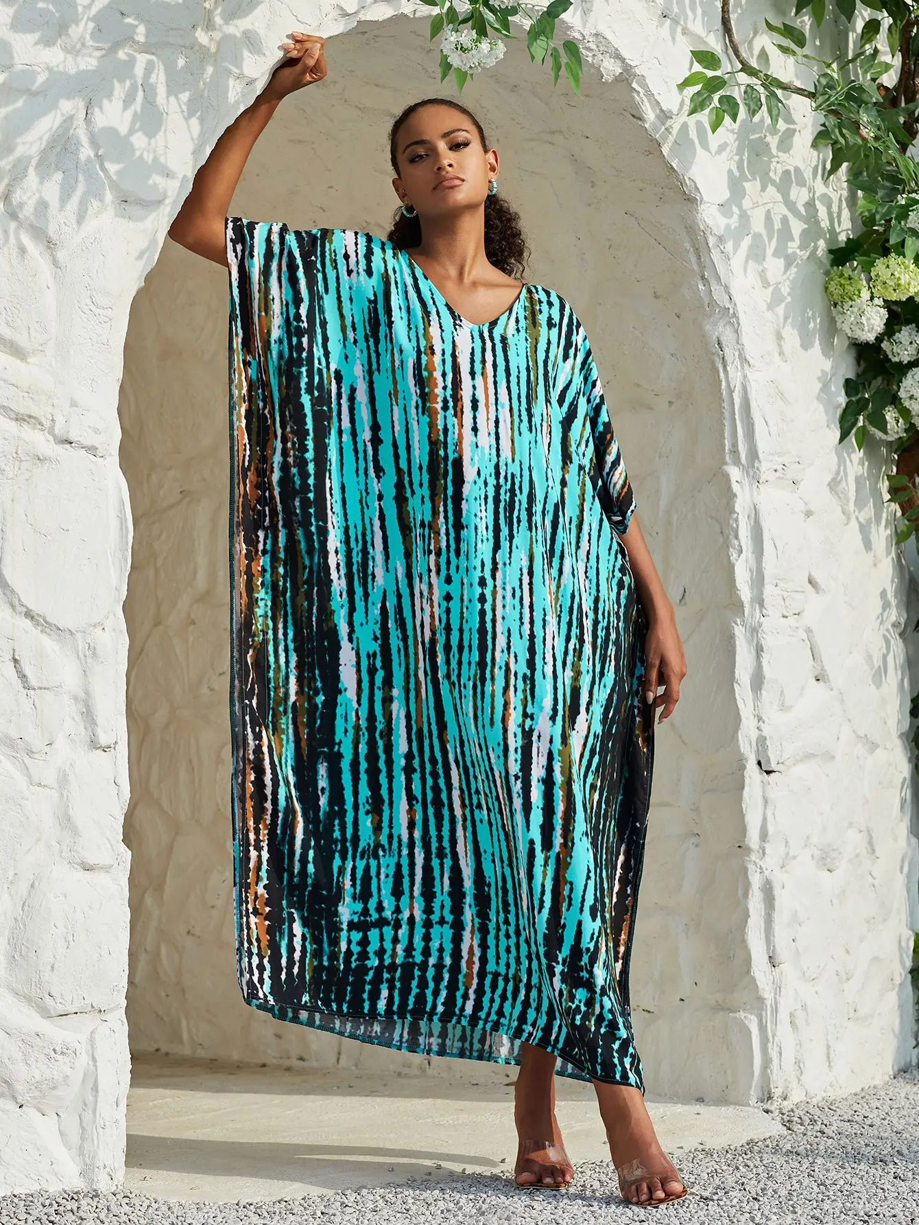 2023 Red Bohemian Striped Women Beach Dress Bathing Suit Cover Up Summer Tunic For Woman Beachwear bobe de plage Kaftan N1218 2