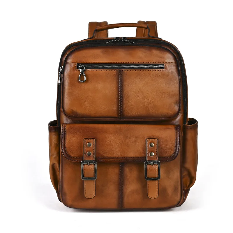 Retro Unisex Genuine Leather Handcrafted Backpack with Vintage Fading Effect