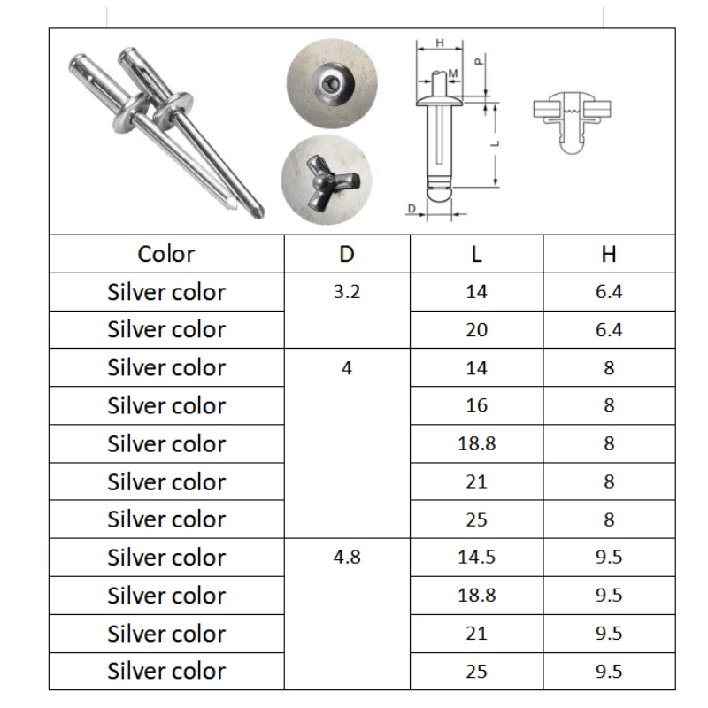 Rebite cego dobrável de prata, liga de alumínio, tipo de dobra, material macio ou plástico, 3.2mm, 4.0mm, 4.8mm, 30 pcs, 50pcs