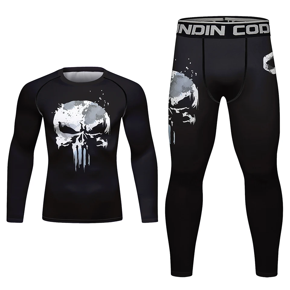 Skull Rashguard For Men Jiu Jitsu MMA T-shirt+Pant Set Brazilian Grappling Bjj Boxing Rash Guard MMA Shorts Boxeo Fight Jerseys sports apparel mens t shirt