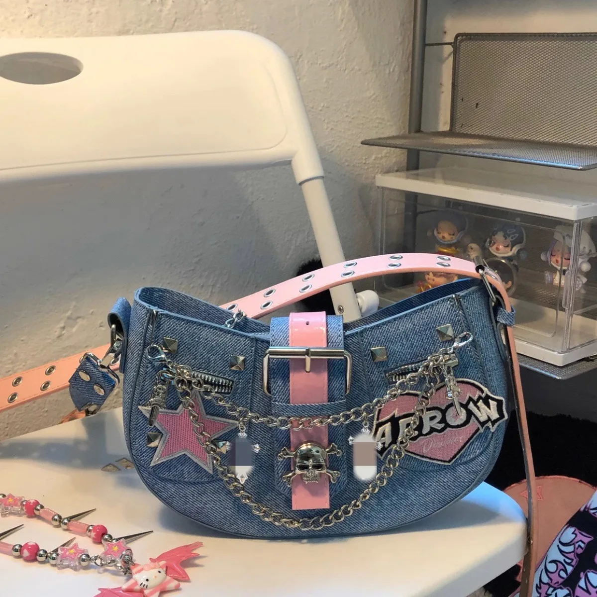 Hello Kitty Pink Barbie Girl Borsa A Tracolla In Denim Personalizzata Y2K Subculture Borsa Personalizzata Kawaii Cute Cartoon