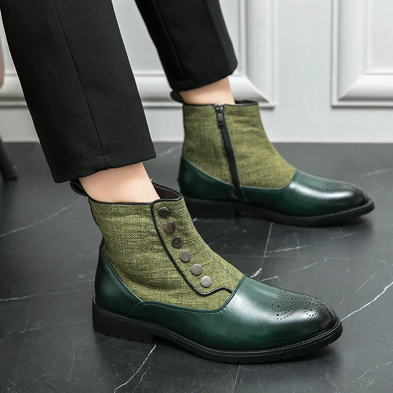 HKDQ Fashion Button Canvas Zip Men's Chelsea Boots High Quality Breathable Mens Leather Boots Comfortable High-top Shoes For Men