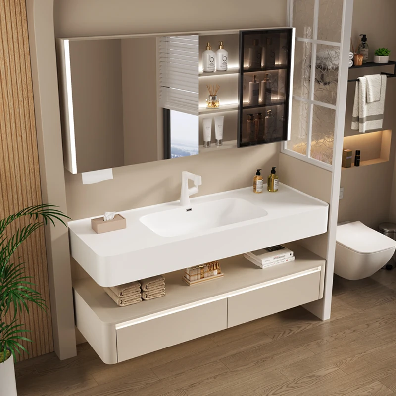 แสงสีขาวตู้ห้องน้ํา Simple อ่างล้างหน้า Vintage Vanity ห้องน้ําตู้กระจก Mobiletto Bagno เฟอร์นิเจอร์ 1