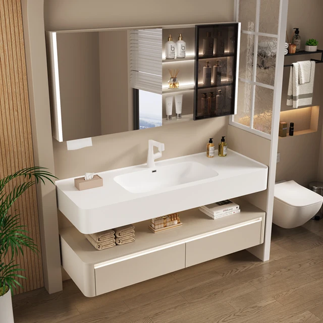 แสงสีขาวตู้ห้องน้ํา Simple อ่างล้างหน้า Vintage Vanity ห้องน้ําตู้กระจก Mobiletto Bagno เฟอร์นิเจอร์ 1