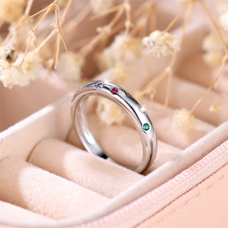 Cute Female Rainbow Zircon Stone Ring Trendy Silver Color Small Wedding Jewelry Gift For Women