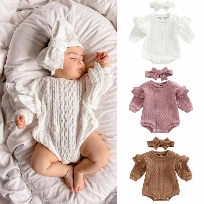 024MBabySweaterRomperBoysGirlsAutumnWinterClothingRuffleLongSleeveKnitRomper