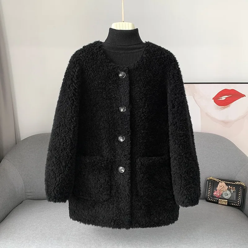 

JT403 2023 New Pellet Sheep Shearling Fur Jacket Women Girl Lamb Wool Coat Female Winter Medium-length Round Neck Parka