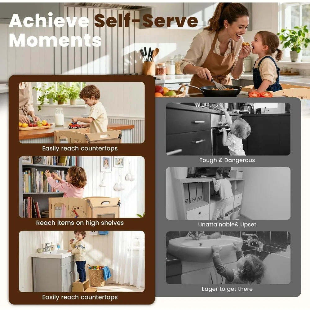Foldable Toddler Kitchen Tower with Safety Net, Adjustable Height, Montessori Activities & 2-Step Stool