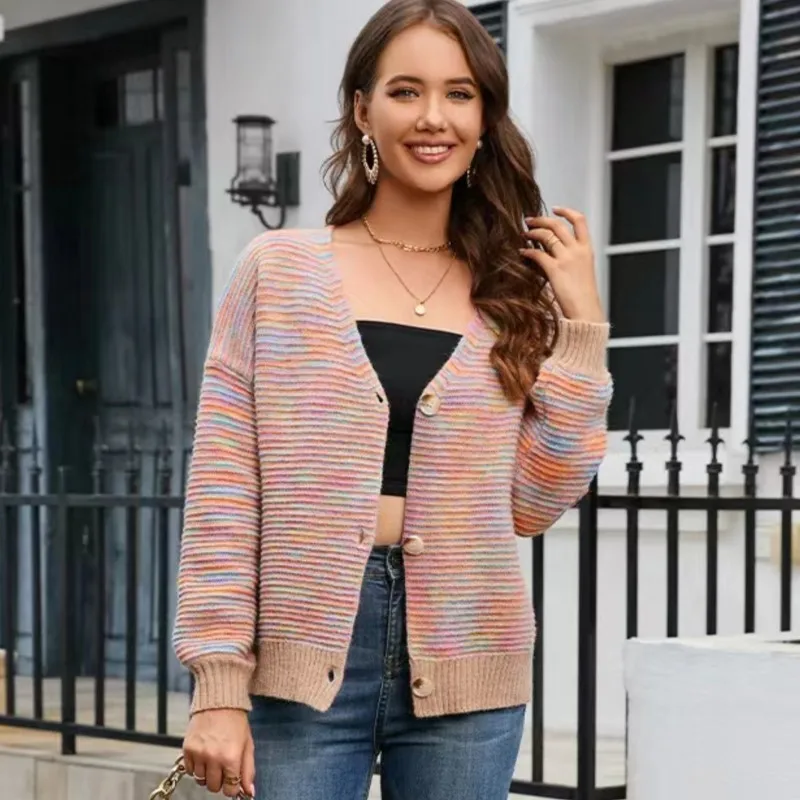 

Women's Short Knit Jacket Female ChicV Neck Button Colored Loose Casual Sweater Mujer Vintage Elegant 2023 Long Sleeve Black Top