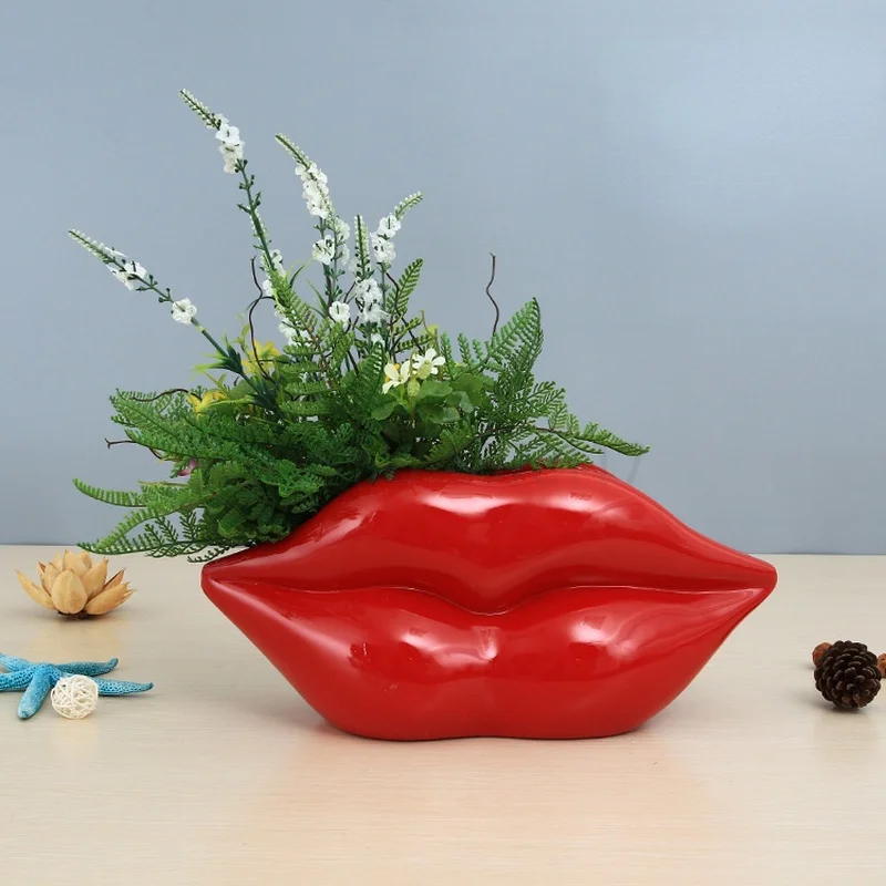 Shipping Lip Flower Vase Red Mouth Shaped Plant Pot Modern Resin Lips