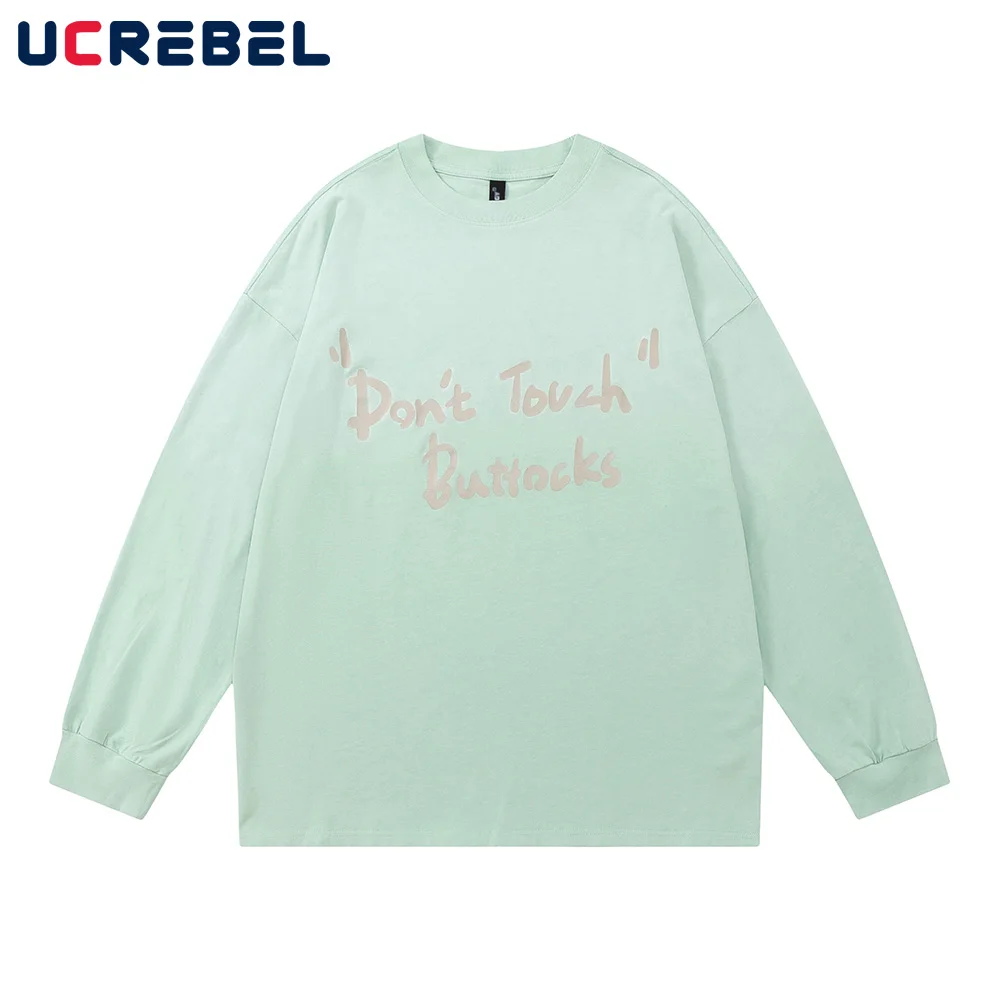 

Letter Print Long Sleeve T-shirt Mens Autumn Loose Drop Shoulder Crew Neck Streetwear Casual Cotton Top