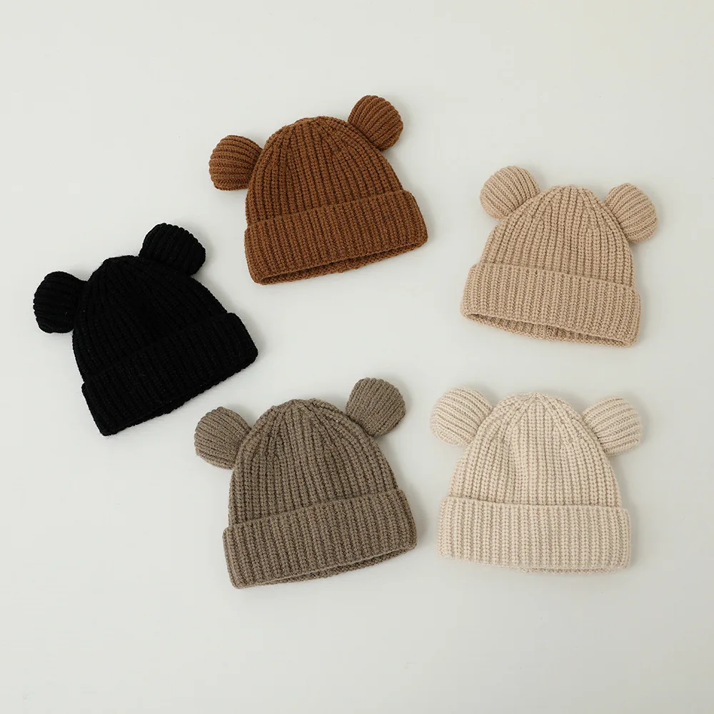 Winter Caps Knitted Warm Newborn Baby Bear Ear Beanie Hats for Boys Girls Cute Thermal Toddler Crochet Bonnet Kids Black Caps