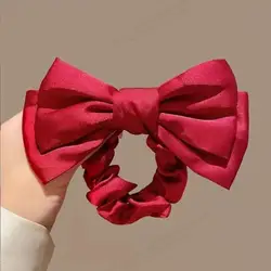 Elegant Satin French Bow Scrunchie - Luxury Textured Hair Accessory (Red)