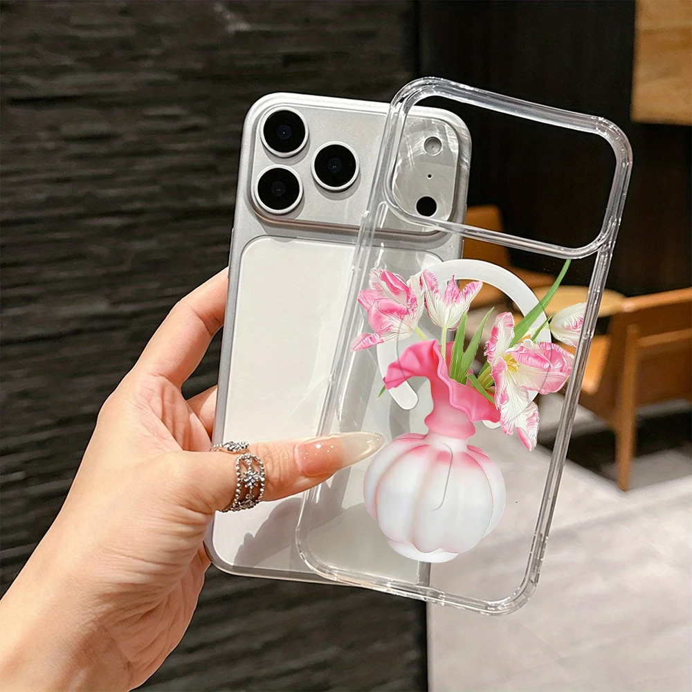Elegant Pink Tulip Magnetic Transparent Phone Case Cover