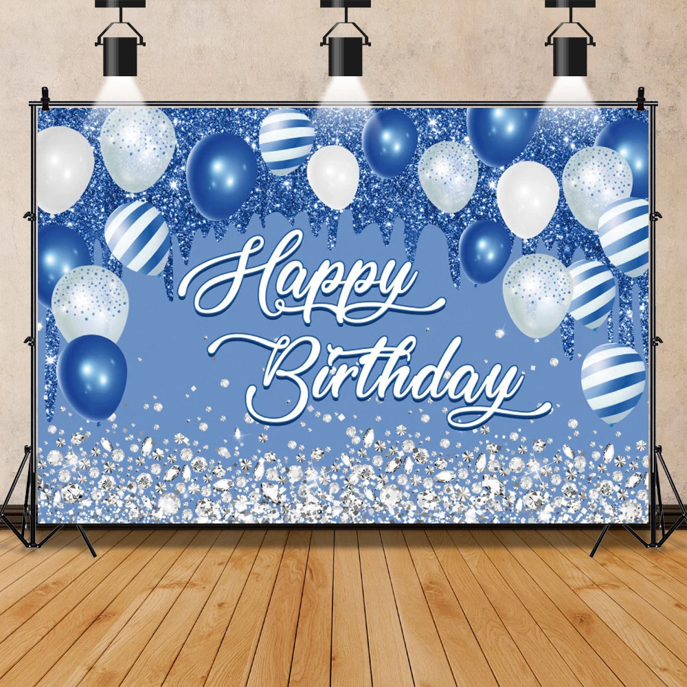Photo backdrop Photo wallpaper Party decoration covers Vinyl Backdrop Blue Gold Balloon Happy Birthday Party Diamond Dots Poster Baby Kid Banner Background For Photo Studio
