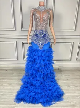 Autumn European and American Luxury Royal Blue White Tail Tutu Skirt Stage Vocal Performance Banquet Host Performance Clothing