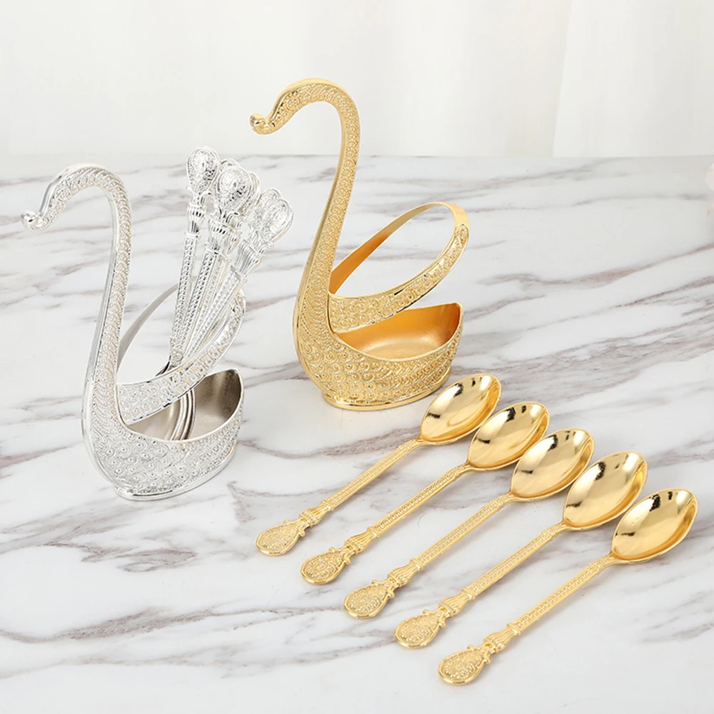 Stainless Steel Creative Dinnerware Set Decorative Swan Base Holder with 6 Spoons for Coffee Fruit Dessert Stirring Mixing cutlery set western style cutlery set picnic cutlery set stainless steel cutlery set camping cutlery set wooden cutlery set ceramic dinnerware set