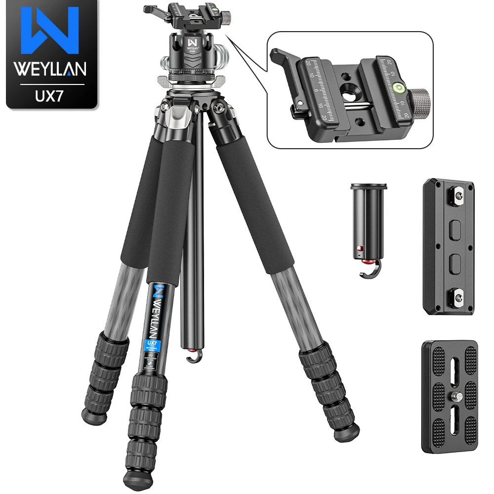WEYLLAN UX7 Compact Carbon Fiber Tripod Professional Travel Tripod with Quick Release Clamp Compatibility Arca Swiss/Picatinny camera tripod photography tripod